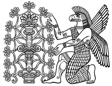 亚述人神的轮廓从一棵神奇的树收集水果.苏美尔神话的字符.