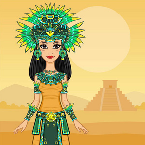 这个美丽的女孩穿着美国土著印第安人的动画肖像.