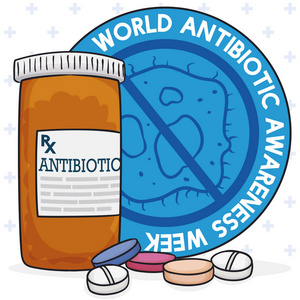 抗生素的认识周与抗菌素药丸和标签,矢量插画设计照片