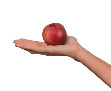 vegeterenian孤立的女人女性手拿水果红桃在白色背景上照片