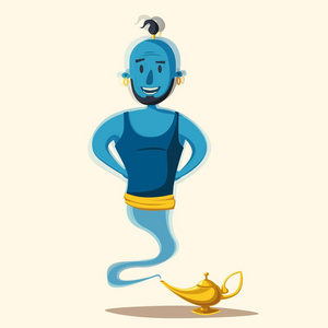 卡通精灵字符神灯矢量图宝阿拉丁奇迹精灵出来孤立的图例设置的希望