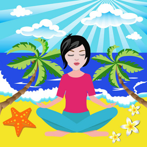 沉思默想女孩在瑜珈荷花的立场在海边沉思默想照片