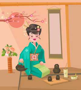 日本女人性格泡茶.矢量平面卡通插画照片