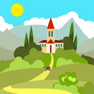 在炎热的太阳下山上的房子