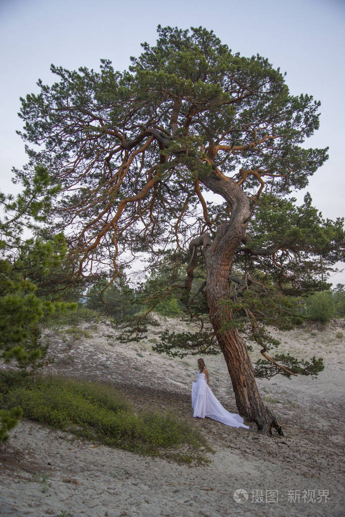 年轻漂亮的女孩走在一棵大树下