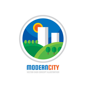 现代城市-矢量 logo 模板概念图在平面样式.绿色自然镇创意标志.
