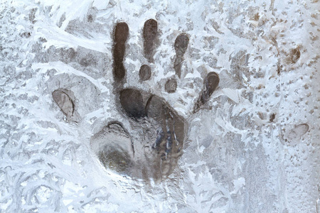 在冰冻的窗户上的手掌痕迹图片