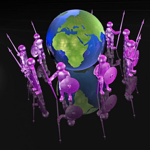 紫色武装人类与地球上黑色背景图片