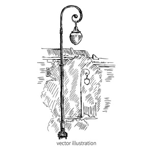 城市轮廓墨水素描,步行的市街与路灯,手绘制的矢量图形插画孤立在白色