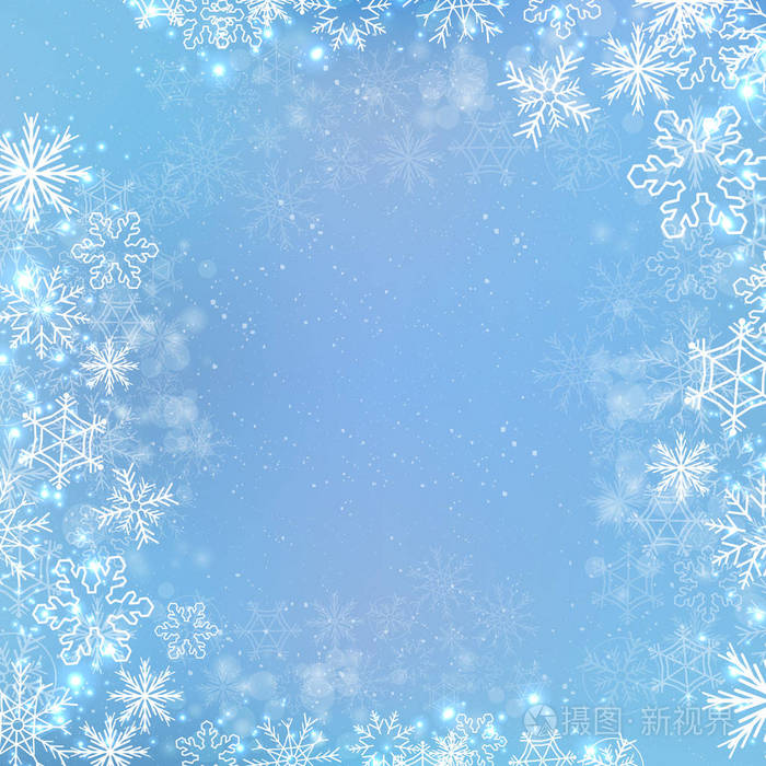 渐变蓝色冬季方形横幅背景与雪花