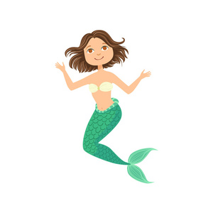 棕色的短发美人鱼在白色泳衣顶级胸罩童话般的神奇生物图照片