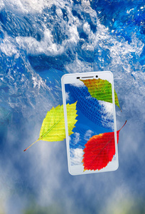 智能手机和上水背景叶子的形象图片
