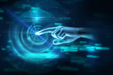 3d 插图的手触摸手势上的未来科技电子照片