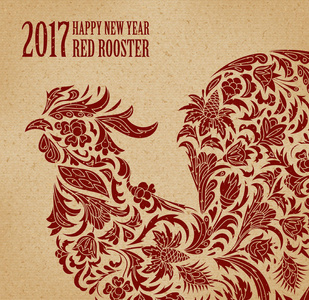 红公鸡,装饰有花卉图案的轮廓.新的一年设计的向量元素.