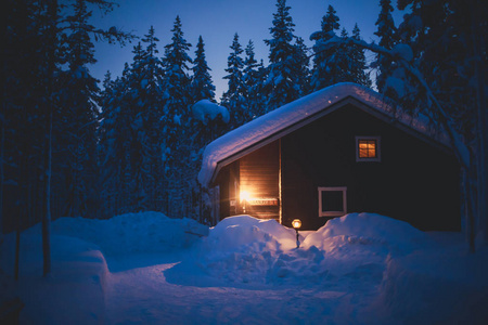 美丽, 斯堪的纳维亚, 芬兰, 瑞典, 挪威, 小屋附近山坡上夜间滑雪胜地
