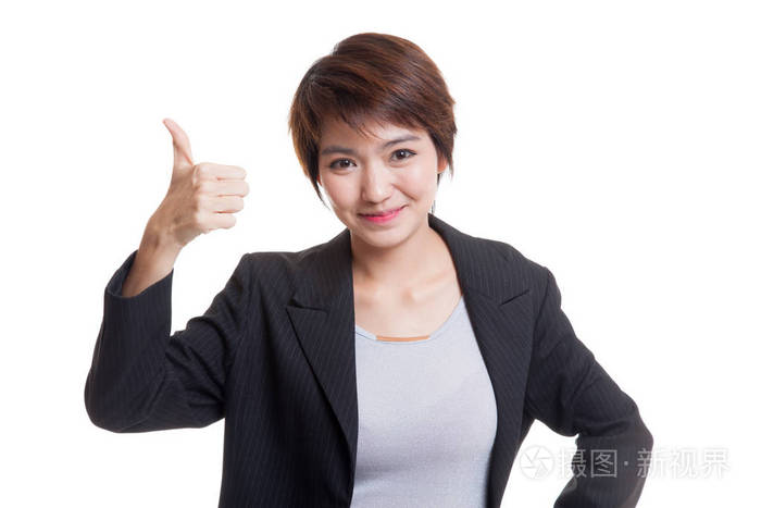 年轻的亚洲业务女人秀竖起大拇指