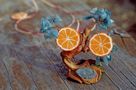 耳环橙色切片在树上手工制作