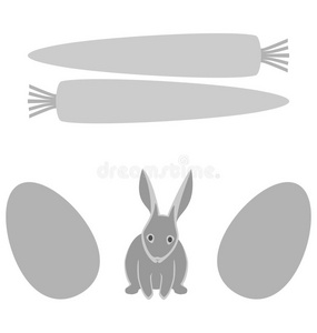 灰色兔子，鸡蛋和胡萝卜框架分离在白色