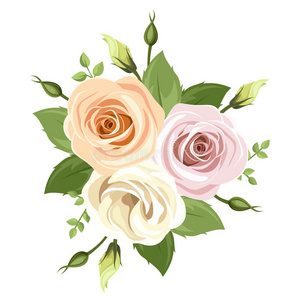 一束粉红色和橙色的玫瑰。 矢量插图。