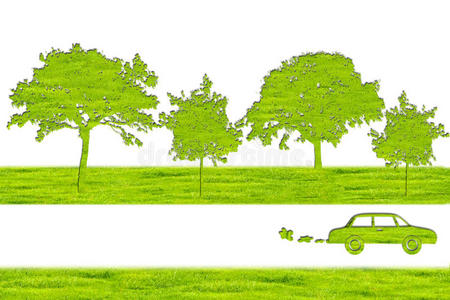 绿色的汽车和树木符号从草的背景，孤立在白色。