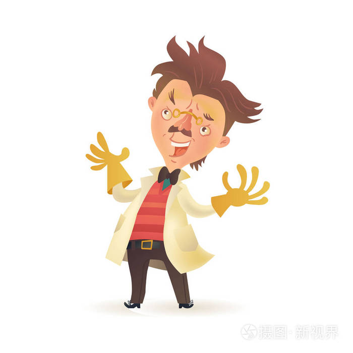 狂人教授穿大褂提高橡胶手套的手