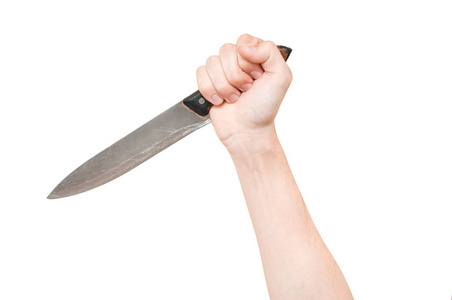 壁纸刀划手臂男人的手臂持有大把锋利的刀在威胁在白色背景上的立场