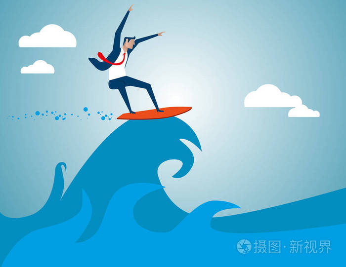 商人在海浪与冲浪板上冲浪