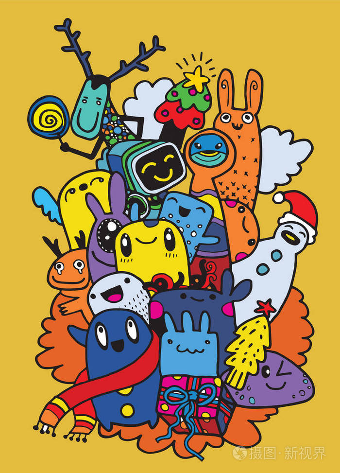 手绘图的卡通人物,圣诞快乐.涂鸦矢量我