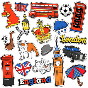漫画卡通王冠英格兰旅行剪贴簿标签,修补程序,打印与伦敦出租车, 王冠