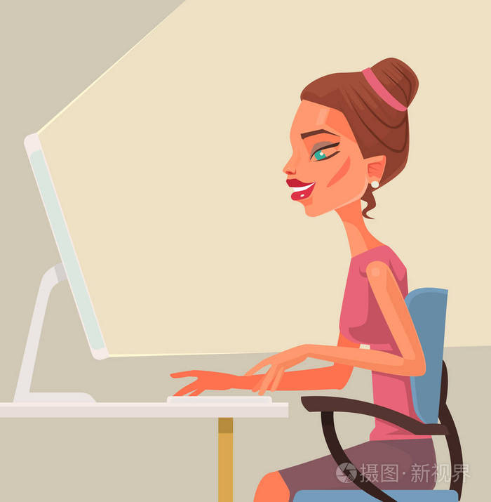 商务女秘书字符在电脑上打字.矢量平面卡通插画