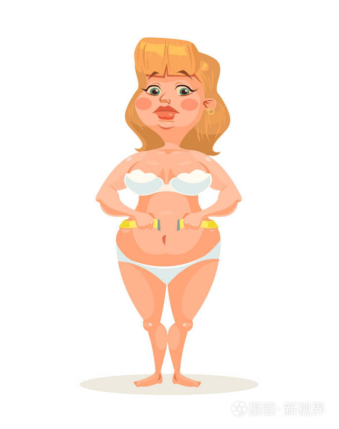 胖女人性格测量她的腰,用胶带.矢量平面卡通插画