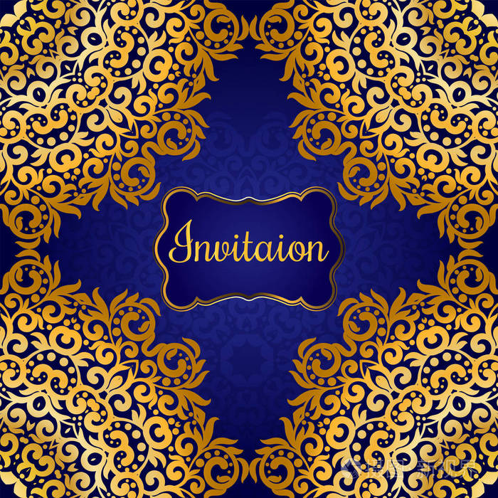 丰富的黄金请柬的印度风格与曼荼罗的波希米亚卡皇家蓝色和金色唯一的