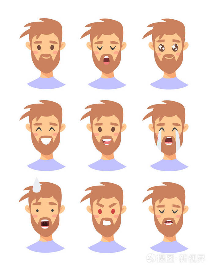 卡通风格表情图标.孤立的男孩头像与不同的面部表情.