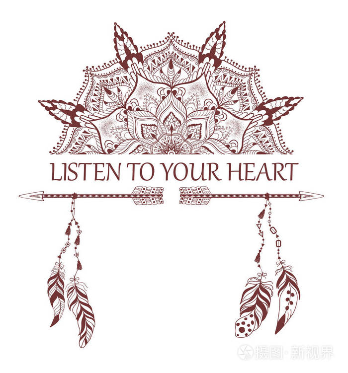 手绘与曼陀罗, 箭头和羽毛波西米亚风格设计