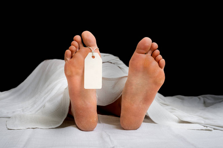 一具的两脚,脚趾上贴着标签的脚,身份标签,白纸特写太平间里死去的