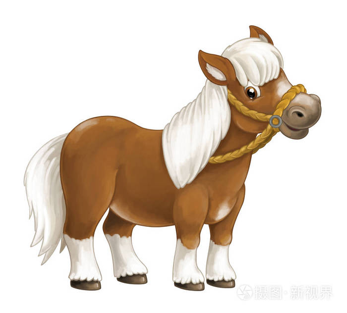 卡通快乐马是站立微笑及目光艺术风格分离儿童插画