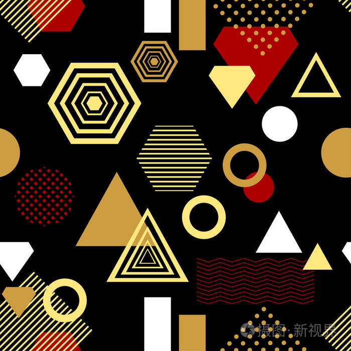 在后现代的孟菲斯风格黑色金红色的抽象无缝模式插画-正版商用图片1r