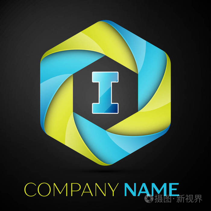 我信五颜六色的logo在黑色背景上的六角形您设计的矢量模板