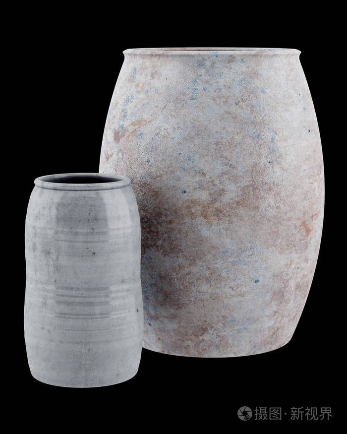 孤立在黑色背景上的两个陶瓷花瓶。3d 图