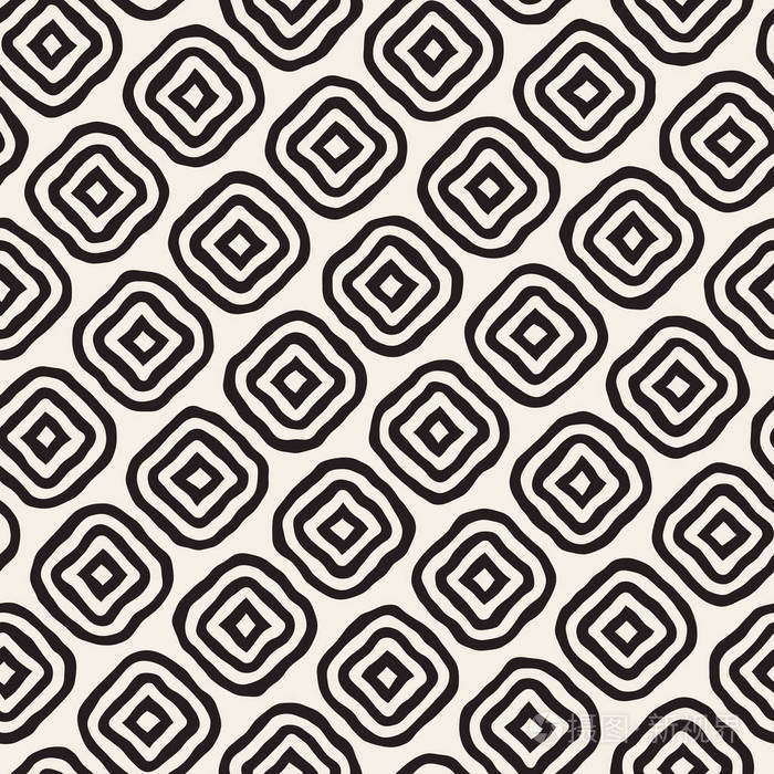矢量无缝黑色和白色的手绘制的菱形图案线条