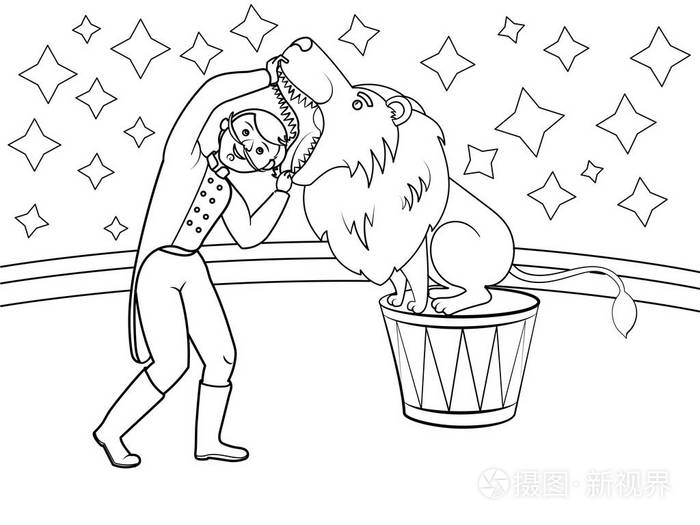 马戏团驯兽师把他的头放在狮子嘴里插画-正版商用图片1r9uis-摄图新