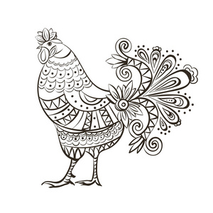 数字公鸡鸡公鸡的黑色线条艺术素描的公鸡照片