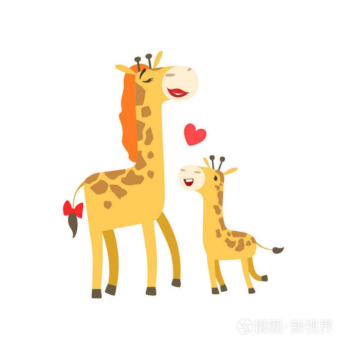 长颈鹿妈妈与口红动物父和其婴儿小腿父母主题色彩丰富的插画与卡通