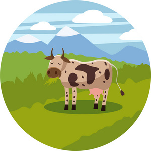 母牛正在返回家园一头母牛正在吃草,在草地上吃草的景观,卡通风格