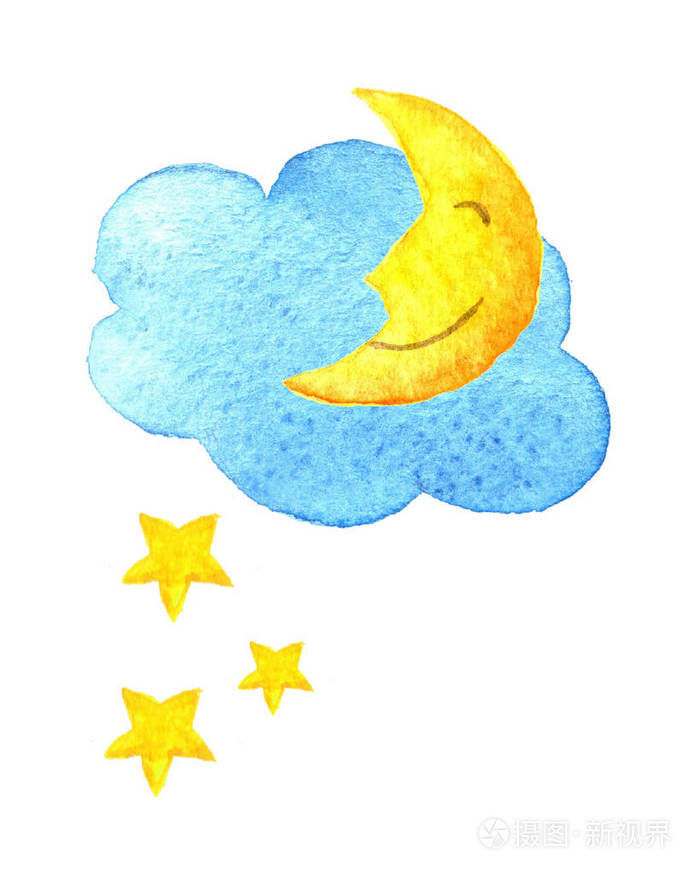 可爱的卡通云星星和微笑的月亮手绘水彩插图水颜色绘成图纸