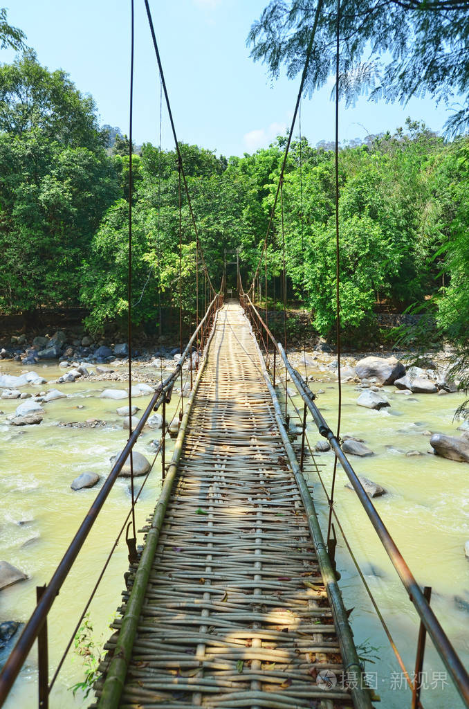 森林里一条河上的老锈迹斑斑的竹桥