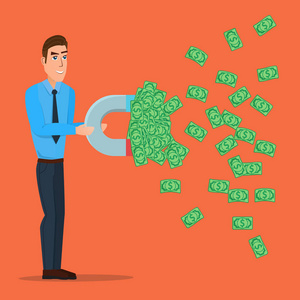 赚大啦男商人赚钱的一个大磁铁的概念.