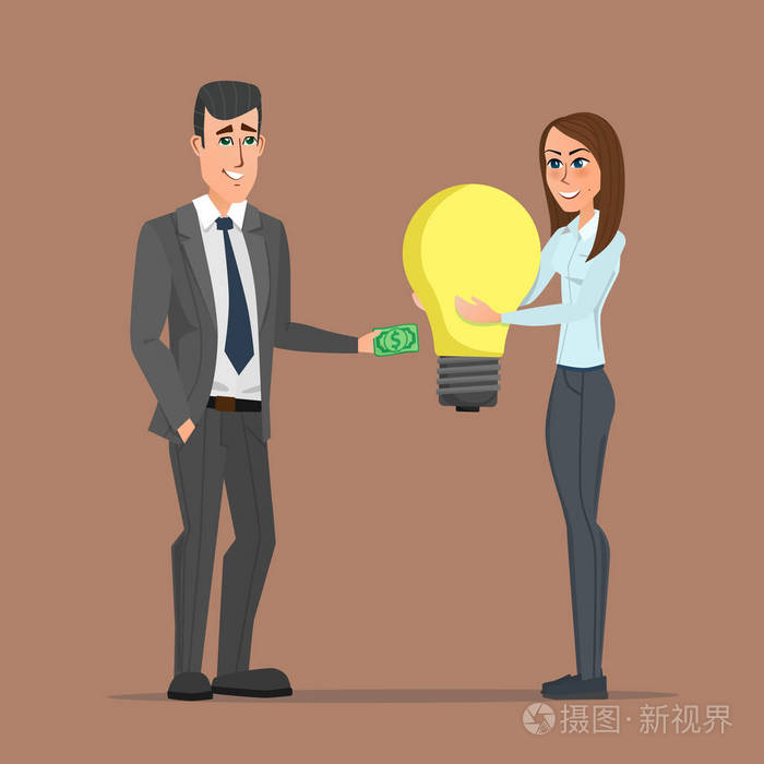 业务女人交换金钱与商人的想法.商业卡通的概念.