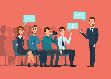 记者和摄影师在的人交流的会议大厅.矢量创意插图平面设计.