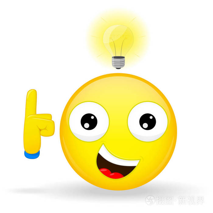 我有好主意的表情符号.幸福的情感.在他的头一个灯泡的图释.卡通风格.